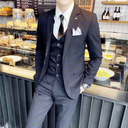 2023 Men's British Fashion Three-piece Set Slim Fit Suit Vest Trousers Ensemble Handsome Trendy All-in-one Banquet Blaze