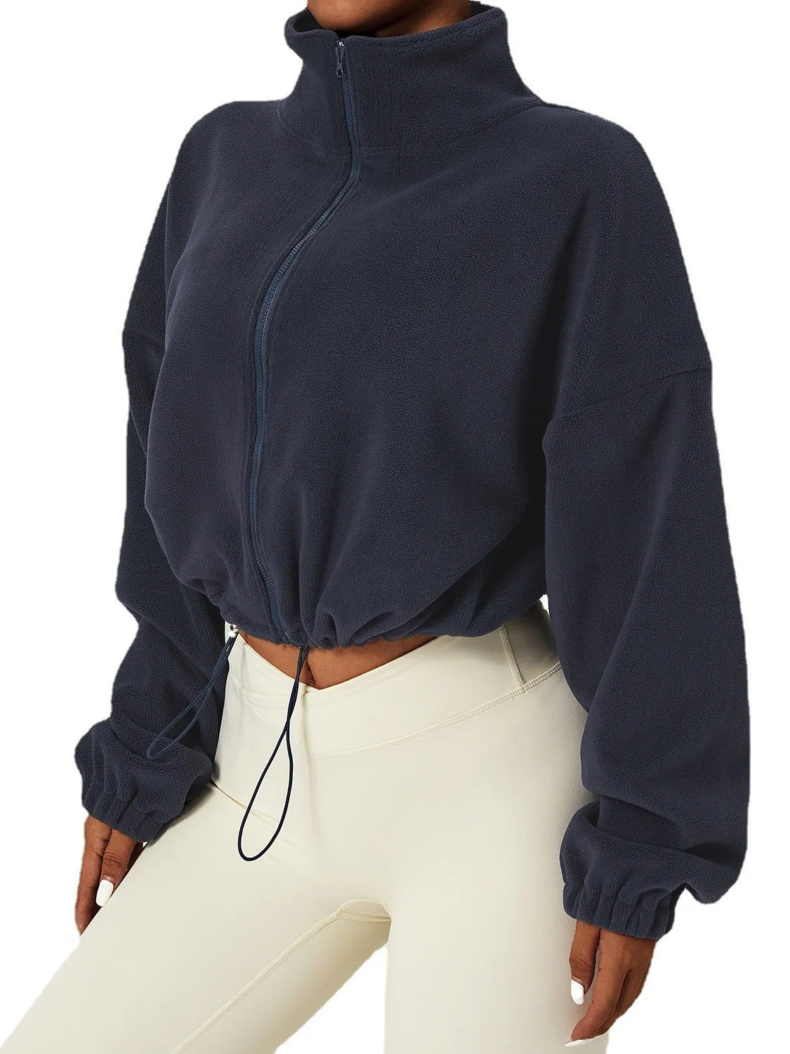 Loose Stand Collar Fleece Casual Jacket Women's Comfortable Polyester Blend Long Sleeve Zipper Closure Fashionable Sweatshirt