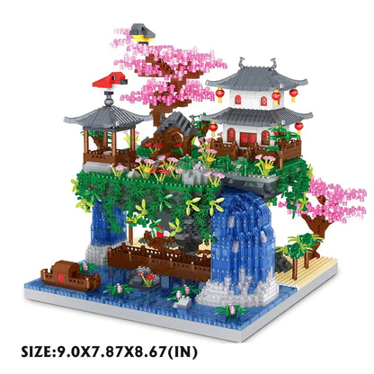 MOC Mini Building Block Set Peach Blossom Pool Chinese Architecture Cherry Bonsai Japanese Cherry Tree House Lantern Gift Toy