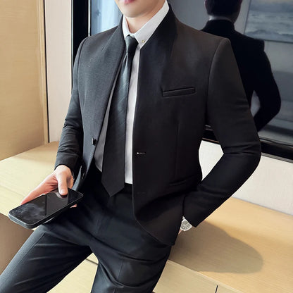 Waffle New Chinese Stand-Up Collar Suit Coats Men Slim Fit Business Casual Fashion Suits Jacket Formal Social Prom Party Tuxedos