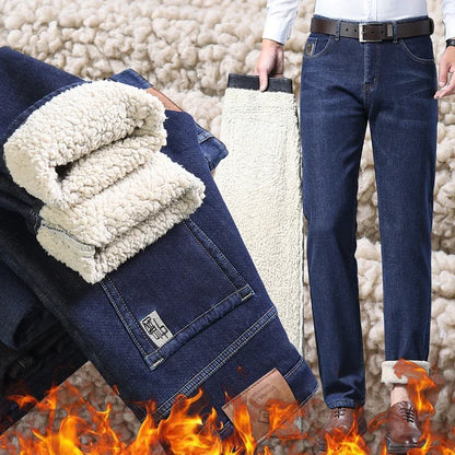 Winter Men's Fleece Jeans Classic Straight Casual Sherpa Thermal Trousers Thickened Warm Stretch Wool Velvet Denim Pants
