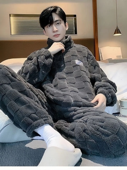 2026 New Coral Fleece Sleepwear Men's Fashionable Warm Flannel Spring Autumn Winter Thickened Outdoor Wear Home Clothes