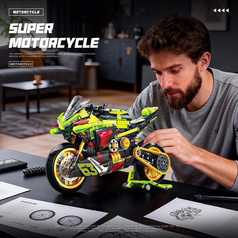 2026 Technical 1:8 City Green Motorcycle Building Blocks Set Super Motorbike Model Kit STEM Assembled Toys Gifts 14+ Adult