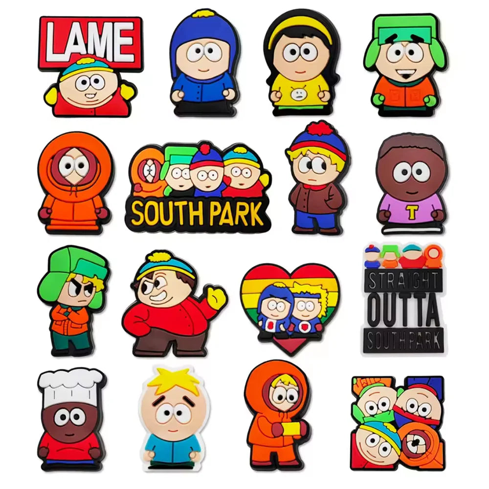 16-46Pcs Hot Toys South Park Shoe Charms Cartoon Shoes Decoration Accessories Buckle fit Clog Sandal Wristbands Kids Party Gifts