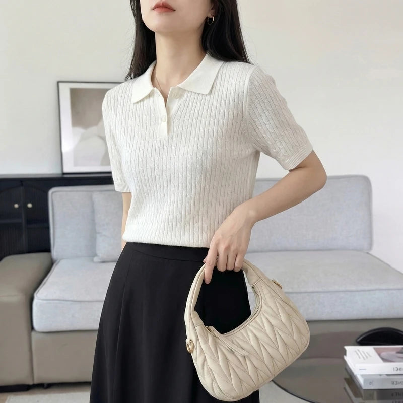 Spring Summer Breathable Pure Cotton Polo Shirt Women's Half Sleeve Loose Knitted Top Casual Versatile Summer Wear A3032122