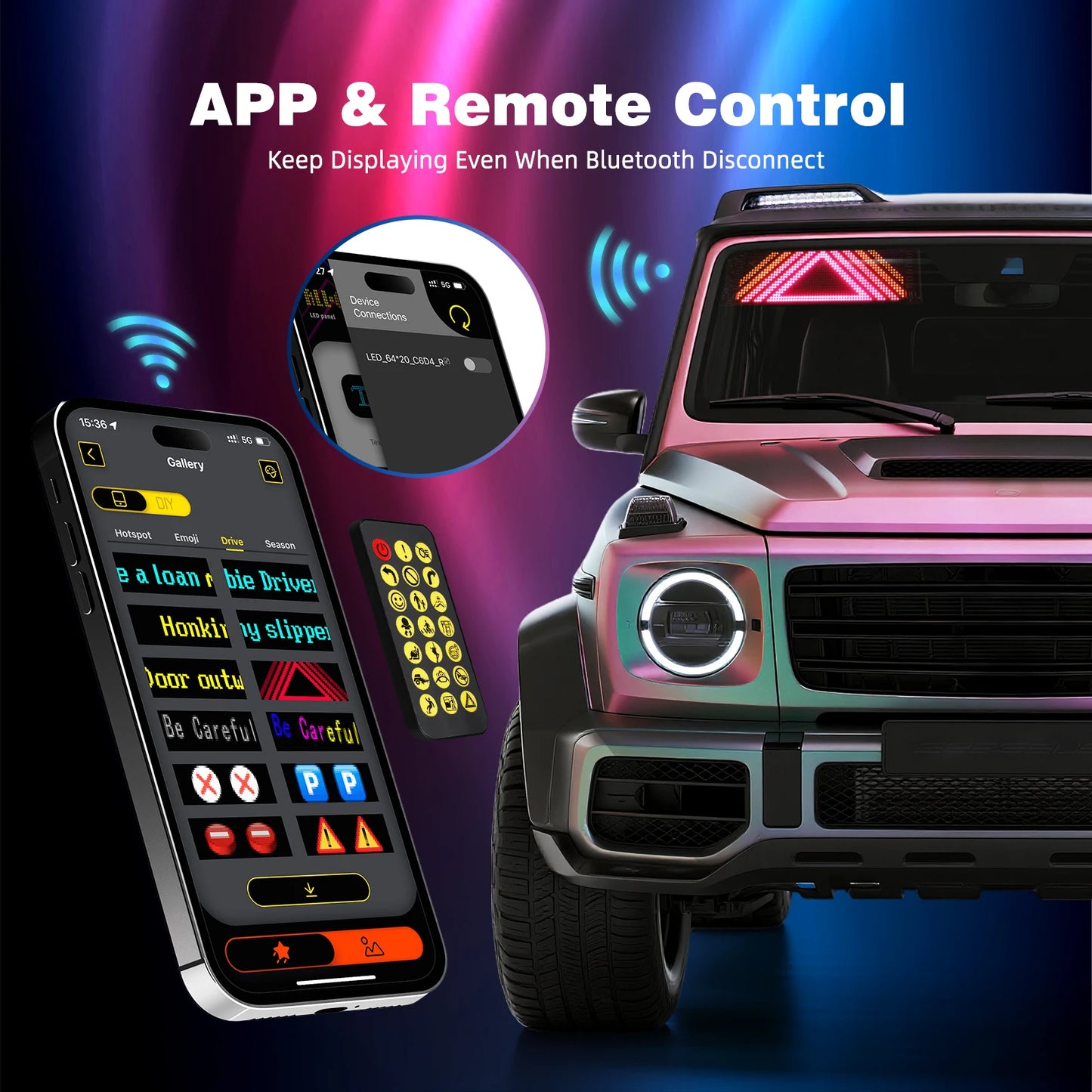 BEVINSEE RGB LED Matrix Pixel Panel, APP Control USB 5V Car Windshield Display, Scrollable Animation Sign Light for Car Truck