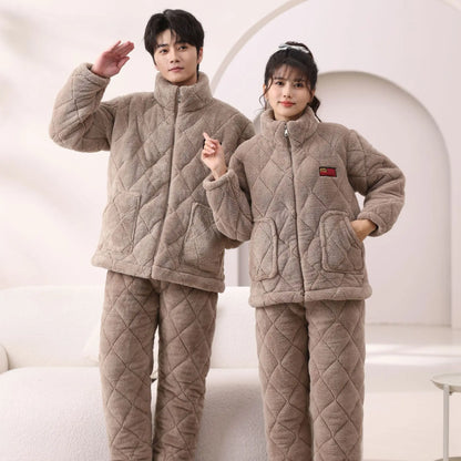 Men's Winter Spwear Thiened Fce Tee-layer Cotton Warm Home Clothes Set Coral Velvet Home Clothes Suitable for Outdo...
