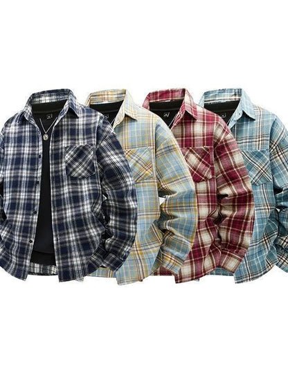 Japanese Style Plaid Long Sleeve Cotton Shirt Men's Retro Autumn Spring Outerwear Casual Loose Fit Print Shirt for Youth