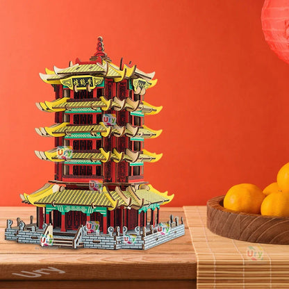 Ury 3D Wooden House Colorful Chinese Traditional Puzzle Building DIY Model Game Assembly Desktop Toy Gift for Adult