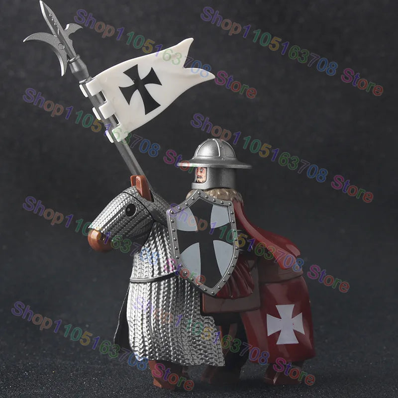 MOC Medieval Military Crusader Knight Building Blocks Castle Army Soldier Figure Horse Mount Shield Sword Accessories Bricks Toy