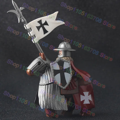 MOC Medieval Military Crusader Knight Building Blocks Castle Army Soldier Figure Horse Mount Shield Sword Accessories Bricks Toy