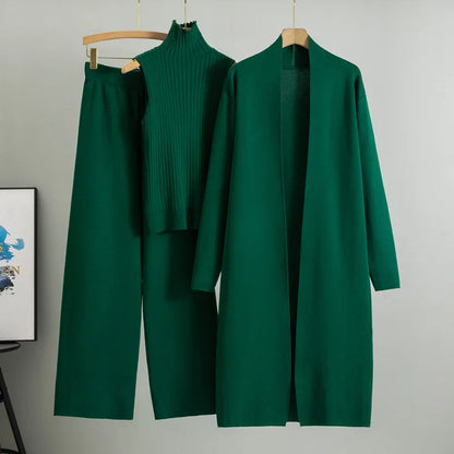 2025 Autumn Winter Women Long Cardigan 3 Piece Set Knit Pants High Neck Vest Wide Leg Trousers Outfit