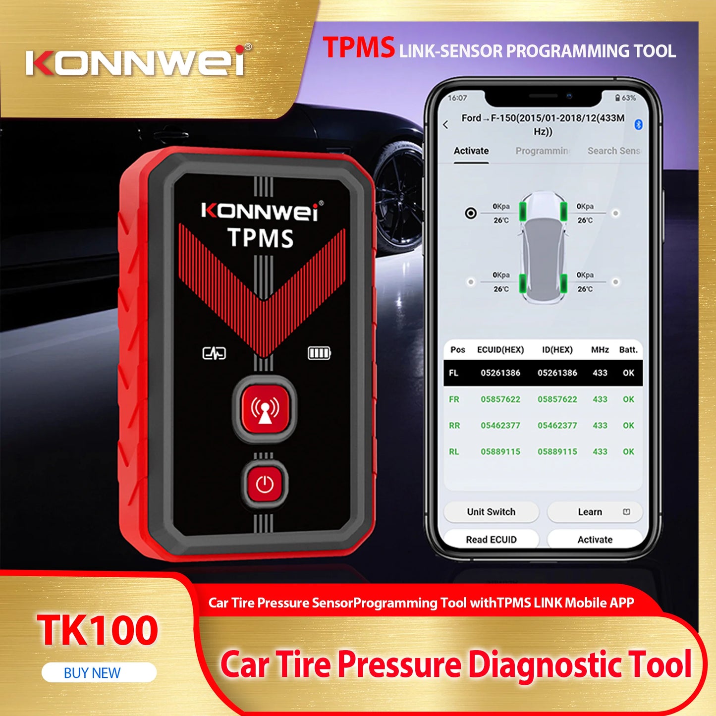 2026 KONNWEI TK100 TPMS Car Tire Pressure Diagnostic Tool Relearn Program 2PCS 315/433Mhz Sensor For ios Android TPMS Programing