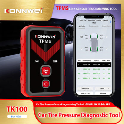 2026 KONNWEI TK100 TPMS Car Tire Pressure Diagnostic Tool Relearn Program 2PCS 315/433Mhz Sensor For ios Android TPMS Programing