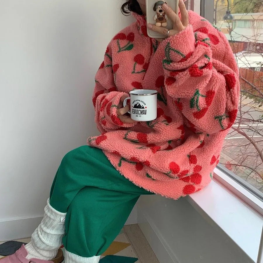 Chic Korean Style Fleece Cherry Hooded Sweater Warm Plush Anti-Aging Overhead Cotton Women's Fashion Winter Clothing