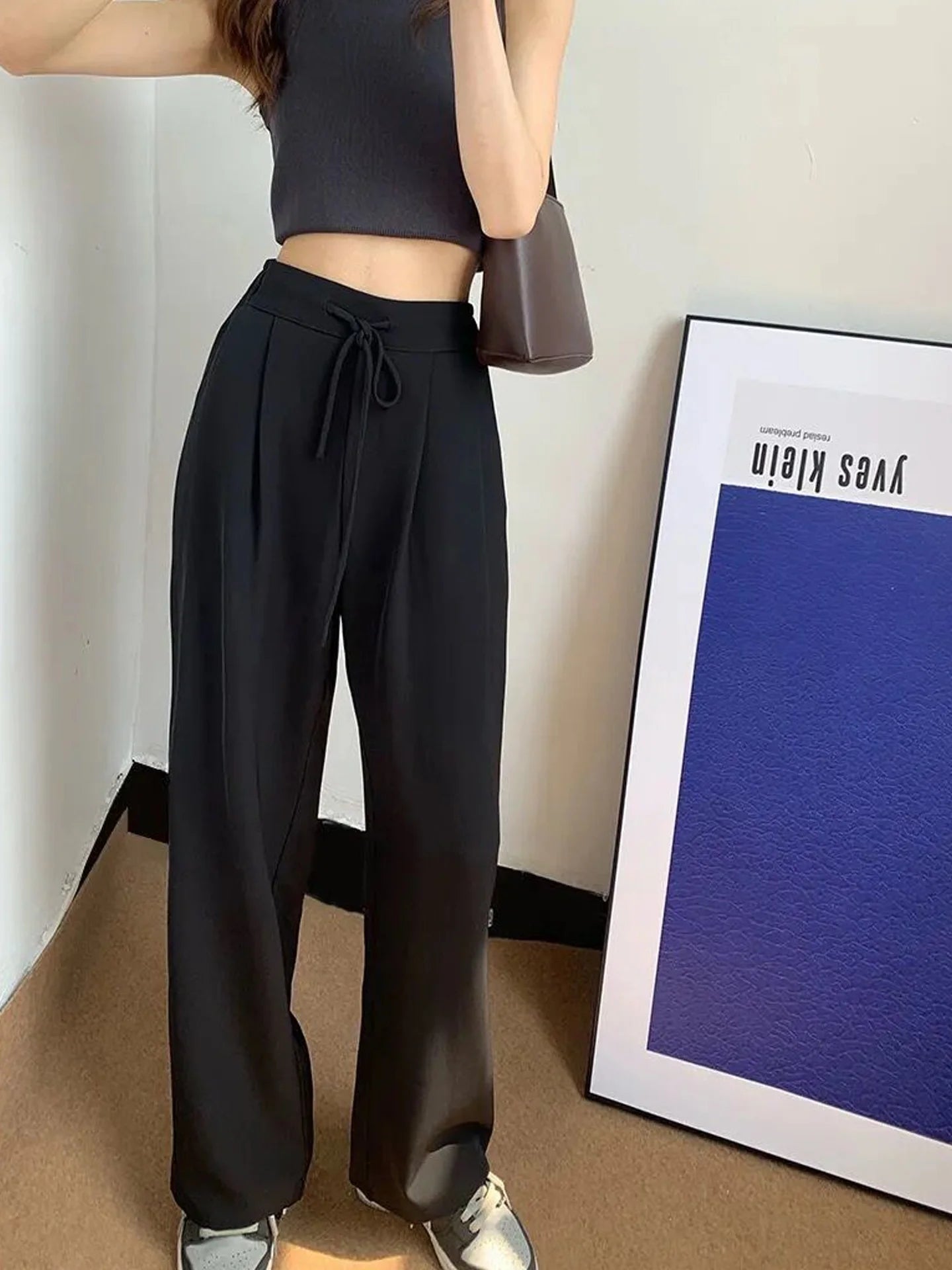 Ice Silk High Waist Wide Leg Pants Women Summer Loose Thin Straight Casual Trousers Korean Style Polyester Fiber Skin-friendl...
