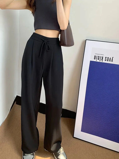 Ice Silk High Waist Wide Leg Pants Women Summer Loose Thin Straight Casual Trousers Korean Style Polyester Fiber Skin-friendl...