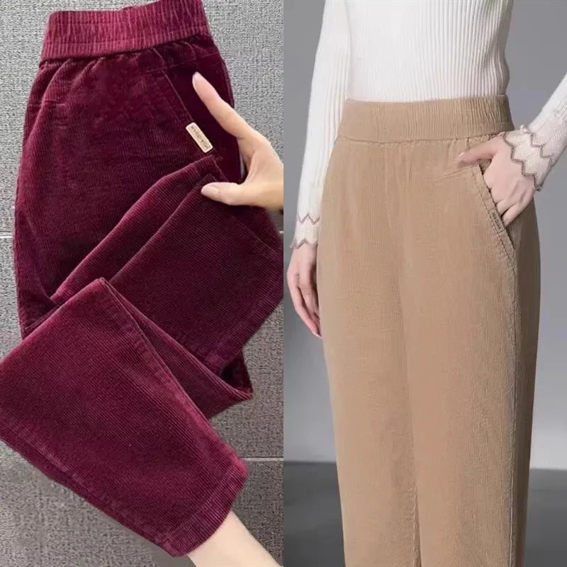 Autumn Winter Thickened Corduroy Casual Harlan Pants for Mom High Waist Loose Fit Straight Leg Casual Outerwear Polyester Fiber