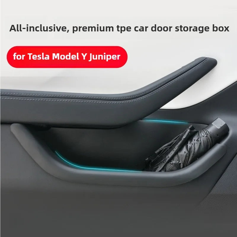 For Tesla Model Y Juniper 2025 Launch 2026 Door Side Storage Box TPE Front Rear All-Inclusive Organizer Modification Accessories