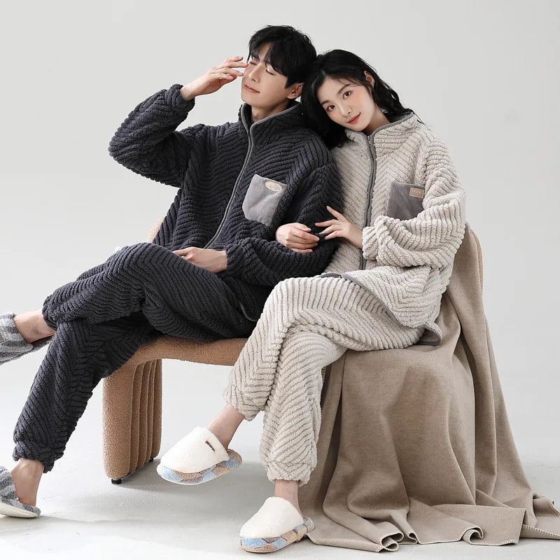 Winter Couple Matching Zipper Pajamas Cardigan Warm Jacquard Velvet Ladies Korean loungewear Men's Thickened Flannel Pijamas set