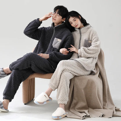 Winter Couple Matching Zipper Pajamas Cardigan Warm Jacquard Velvet Ladies Korean loungewear Men's Thickened Flannel Pijamas set