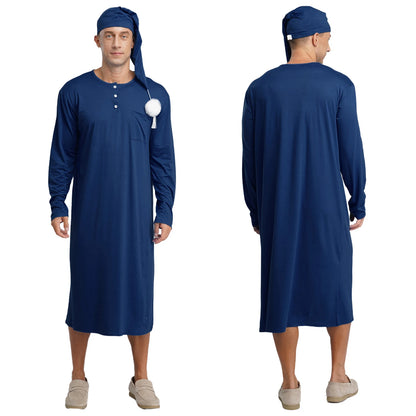 Mens Solid Color Long Sleeve Sleep Robe with Night Cap Round Neck Big & Tall Nightshirts Home Loungewear Pajamas Sleepwear