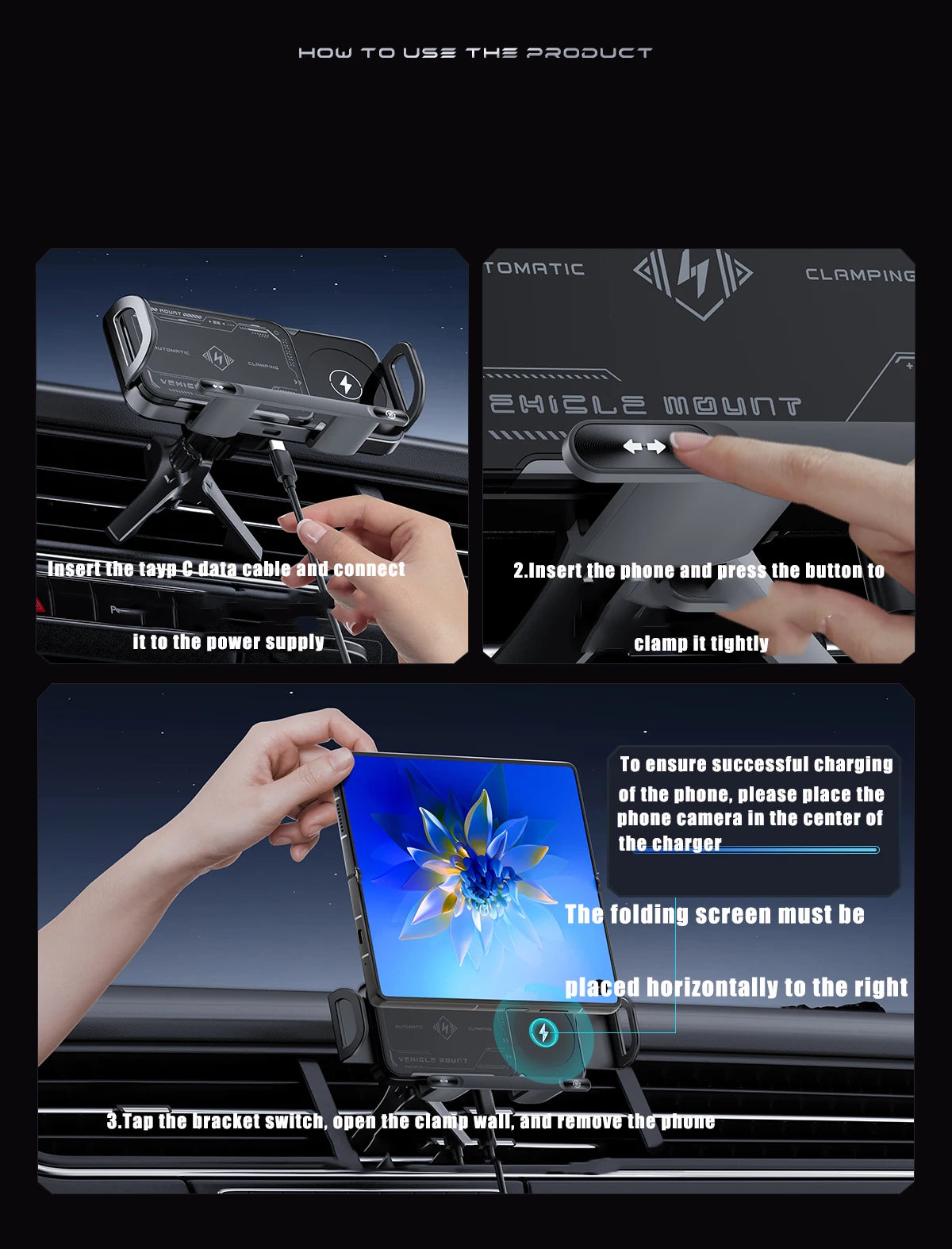 Car Wireless Charger Stand Fold Screen Fast Charging For Samsung Galaxy Z Fold 6 5 4 S24 Ultra iPhone 16 15 14 Pro Phone Holder