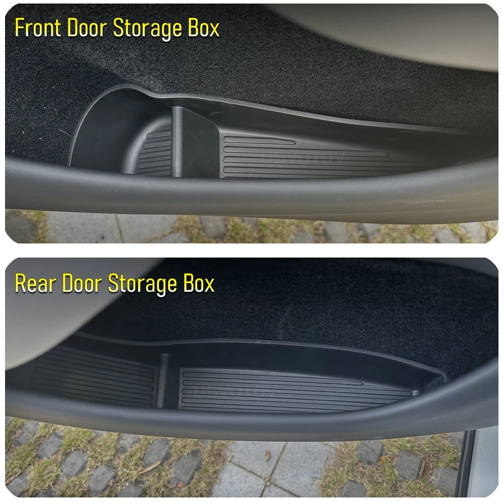 For Tesla Model 3 Y Juniper 2026 2025 Door Side Storage Box Front Rear Door Side Pocket Tray Liner Center Console Organizer Mats