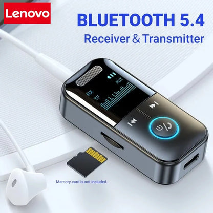 Lenovo Bluetooth 5.4 Aux Adapter Audio Receiver Transmitter 3.5mm LED Display for Car/Home Stereo/Wired Headphones/Speaker/TV