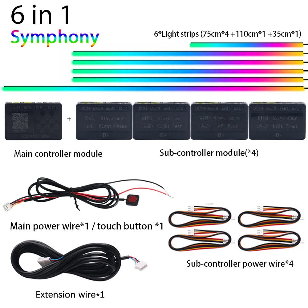 18 in 1 Dual Zone Symphony LED Car Ambient Lights RGB 64 Colors Interior Rainbow Acrylic Strip Neon Atmosphere Lighting Kit App
