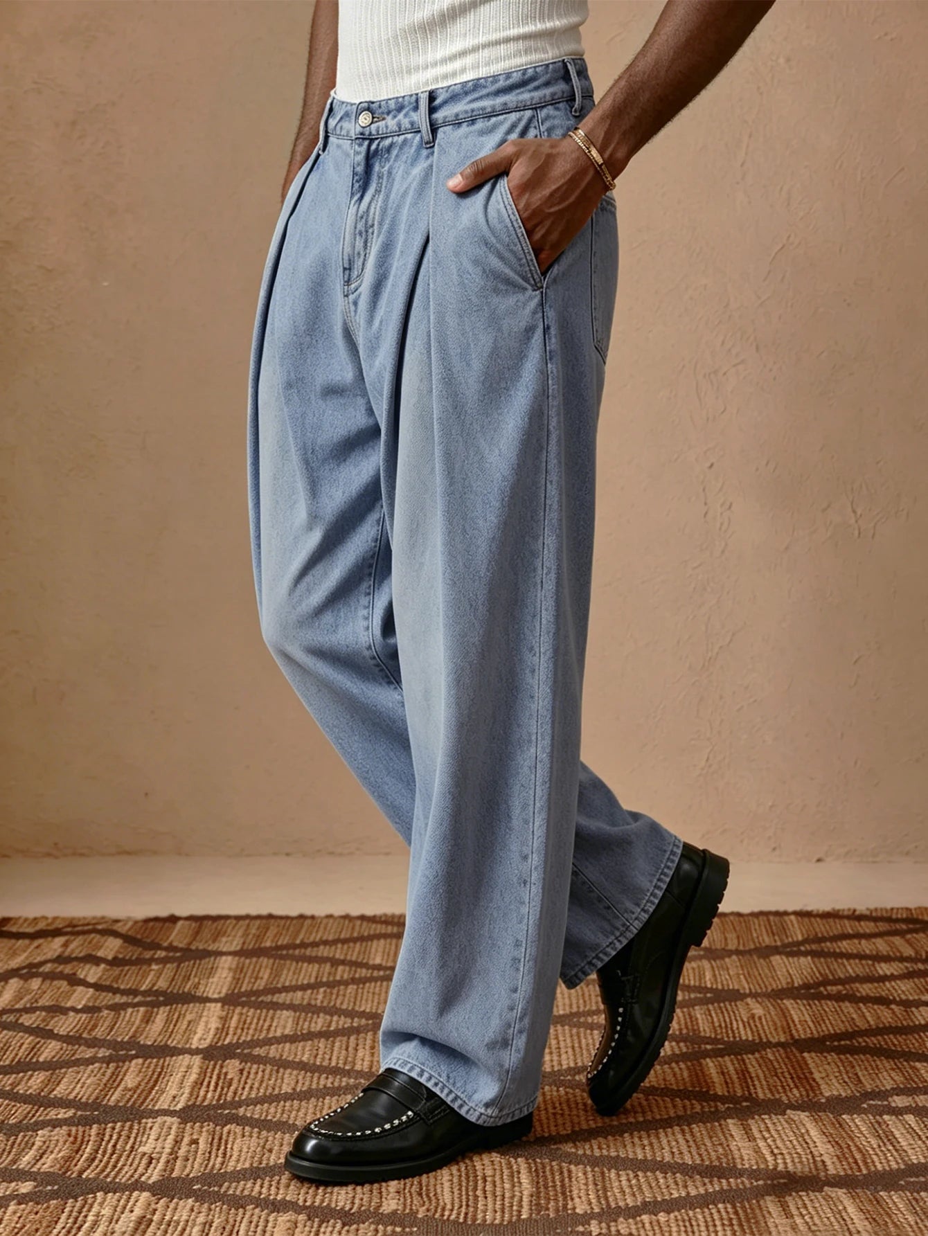 Street Style Men High Waist Straight Pants, Woven Denim Look, Buttoned Pleated, Trendy Italian Fashion, Casual Daily Wear
