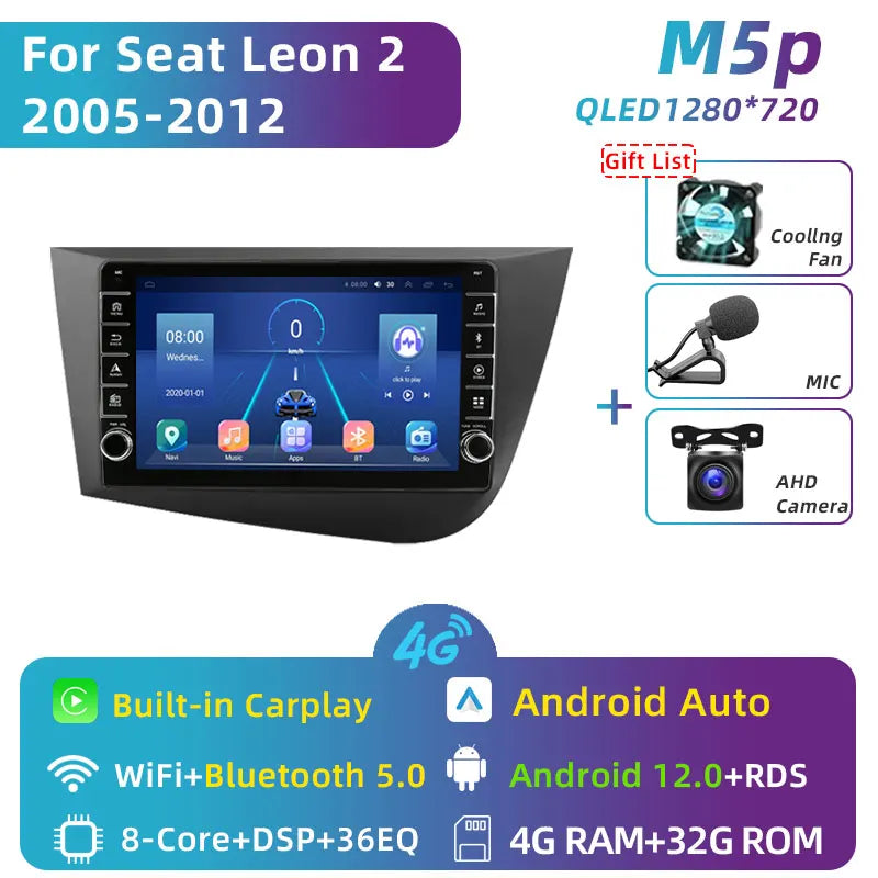 Jundof 2 Din Android 12 For Seat Leon 2 MK2 2005-2012 Car Radio Multimedia Video Player Carplay Stereo Autoradio DVD IPS Screen