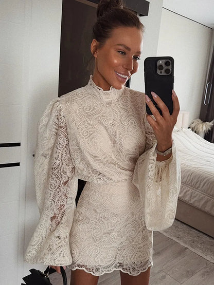 Trendy Lady Hollow Out Lace Mini Dress Elegant 2025 New Long Sleeve Designs Chic High Neck Short Vestidos Autumn Club Night Gown