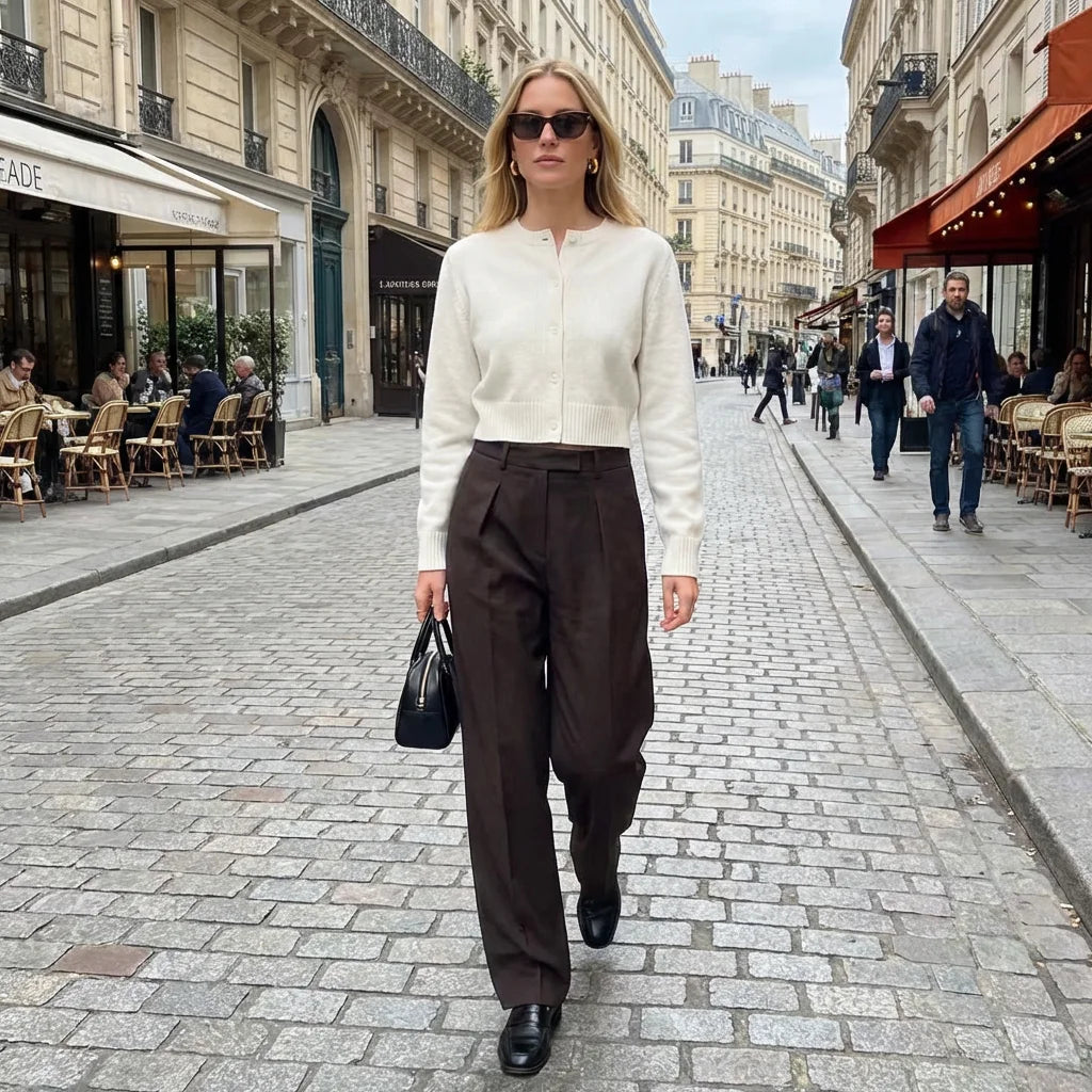 Faionable Casual Merino Open Cardigan Women's Sle Autumn New Arrival High Waist Straight Leg Pants Ele Lady Suit
