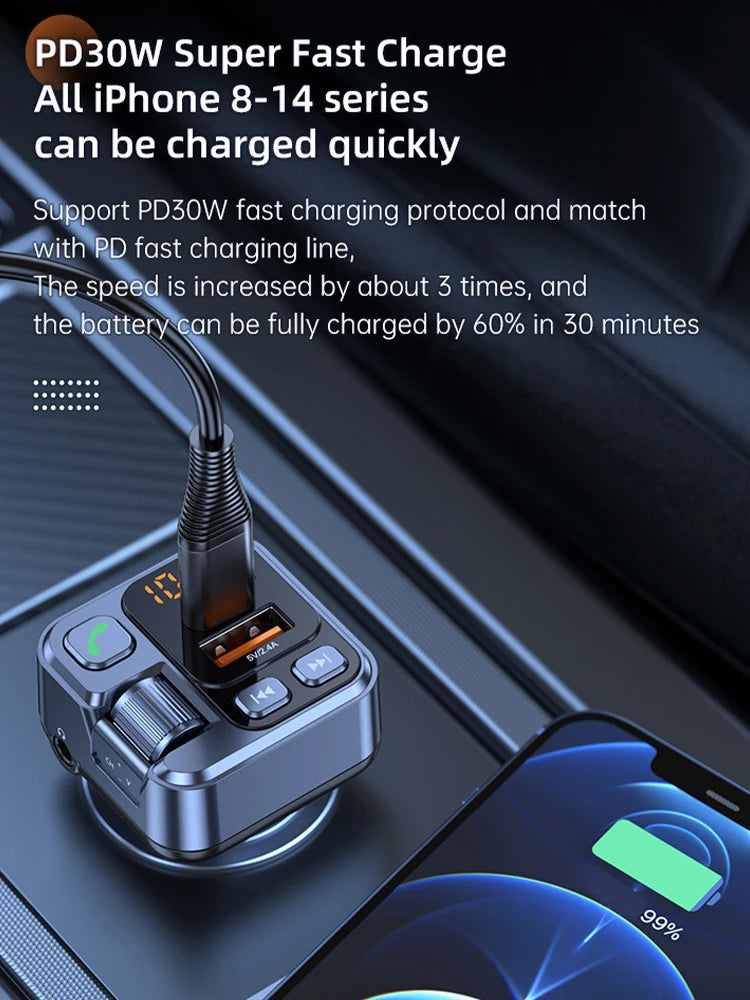 All-in-One Car Bluetooth Adapter - PD20W Fast Charger, USB U Disk Reader, Digital Display & FM Transmitter for Phones