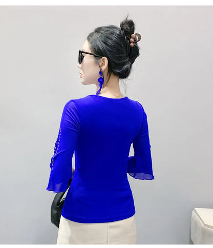 2026 Spring Summer Mesh Tops Korean Fashion Diamond T Shirt Slim 3/4 Sleeve Hollow Out Casual Women Shirt