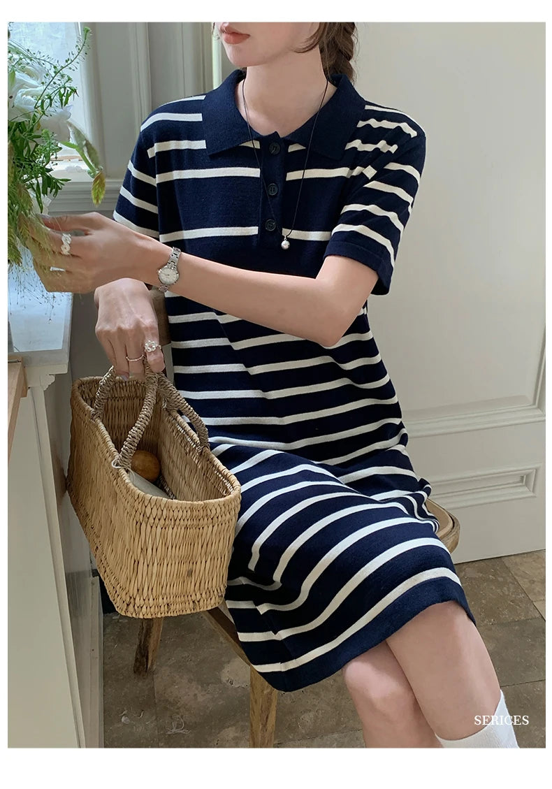 new Korean striped dress for women's summer, pure cotton straight tube mid length skirt