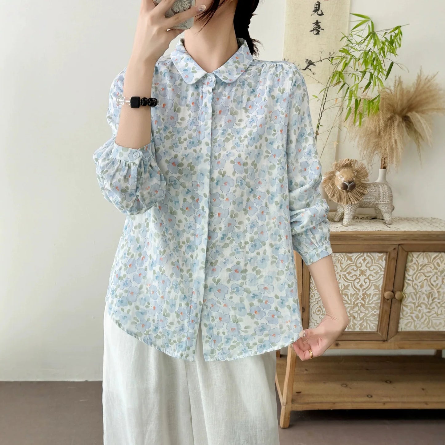New Autumn women's clothing 100% cotton yarn rustic blue flower print shirts and blouses for women long sleeve shirts