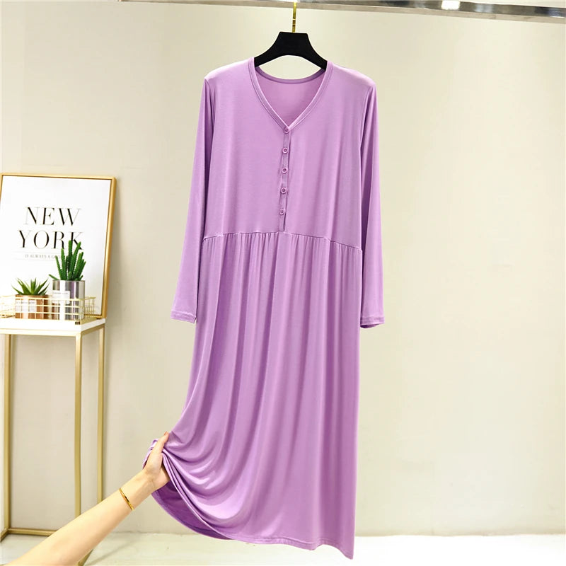 Early Autumn 2024 Women's V-Neck Long Sleeve Dress Loose Button-Up Modal Dress for Home Wear Midi Skirt A-Line Silhouette