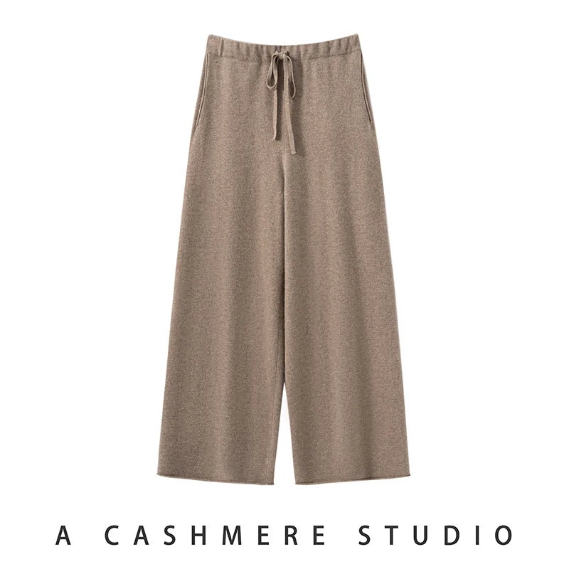 Ladies 100% Cashmere Knitted Wide Leg Pants Casual Solid Color Loose Fit Elastic Waist Floor-Length Poc Matching Pants