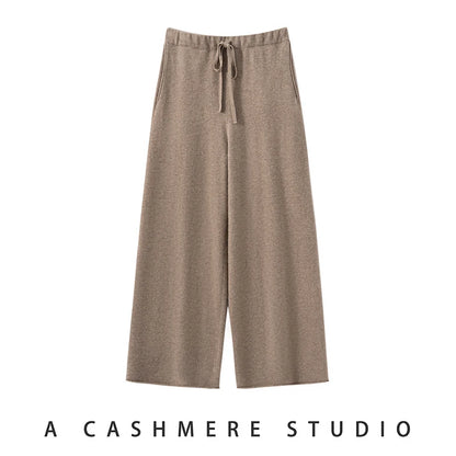 Ladies 100% Cashmere Knitted Wide Leg Pants Casual Solid Color Loose Fit Elastic Waist Floor-Length Poc Matching Pants