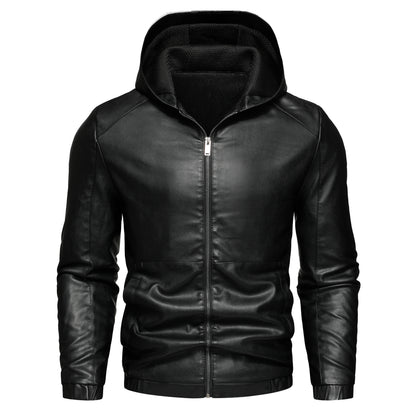 Men's Casual Black Hooded PU Leather Biker Jacket