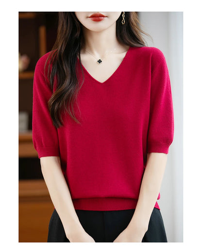 Thin Worsted Wool Short-Sleeved Women's Loose Round Neck T-shirt Printed Summer Fashion Knitted Bottoming Shirt Half-Sleeved