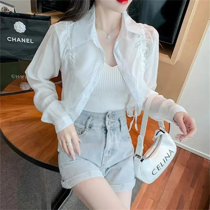 Women Blouse Drawstring Sunscreen Short Tops Long Sleeve Shirts Lightweight Outerwear Spring Summer Jacket Trend Buttons Shirts