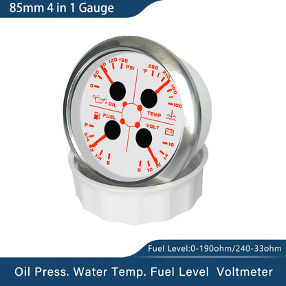 ELING Waterproof 85mm 4 in 1 Gauge Oil Pressure Water Temp Fuel Level Voltmeter with Light Alarm for Car Boat Yacht