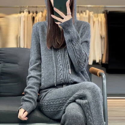 Women's Pure Cashmere Hooded Cardigan 2-Piece Set with Twisted Flower Design Loose Sweater And Wide-Leg Pants Wool Blend