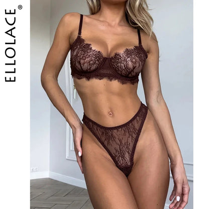 Ellolace Solid Women's Lingerie Sets Elegant Eyelash Lace Bra Panty 2PC Seductive See Through Intimate Willowy Sexy Underwear