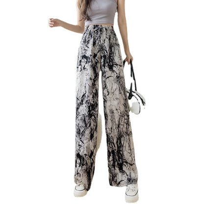 Summer Casual Loose Wide Leg Pants Women's Tie Dye Ink Ice Silk Loose Leopard Print Ethnic Style Long Pants Casual Trousers