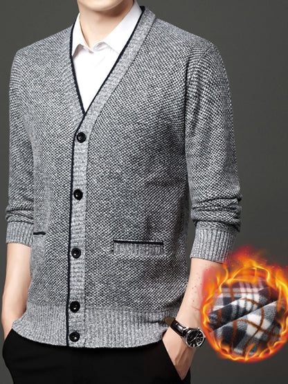 Men's Fleece Lined Knit Cardigan, V-Neck Button Sweater Jacket, Warm Casual Business Knitwear Coat for Autumn Winter