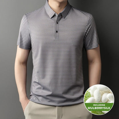 2025 Top Grade Mulberry Silk Anti-wrinkle New Summer Brand Polo Shirt Short Sleeve Casual Tops Fashions Checkered Mens Clothes